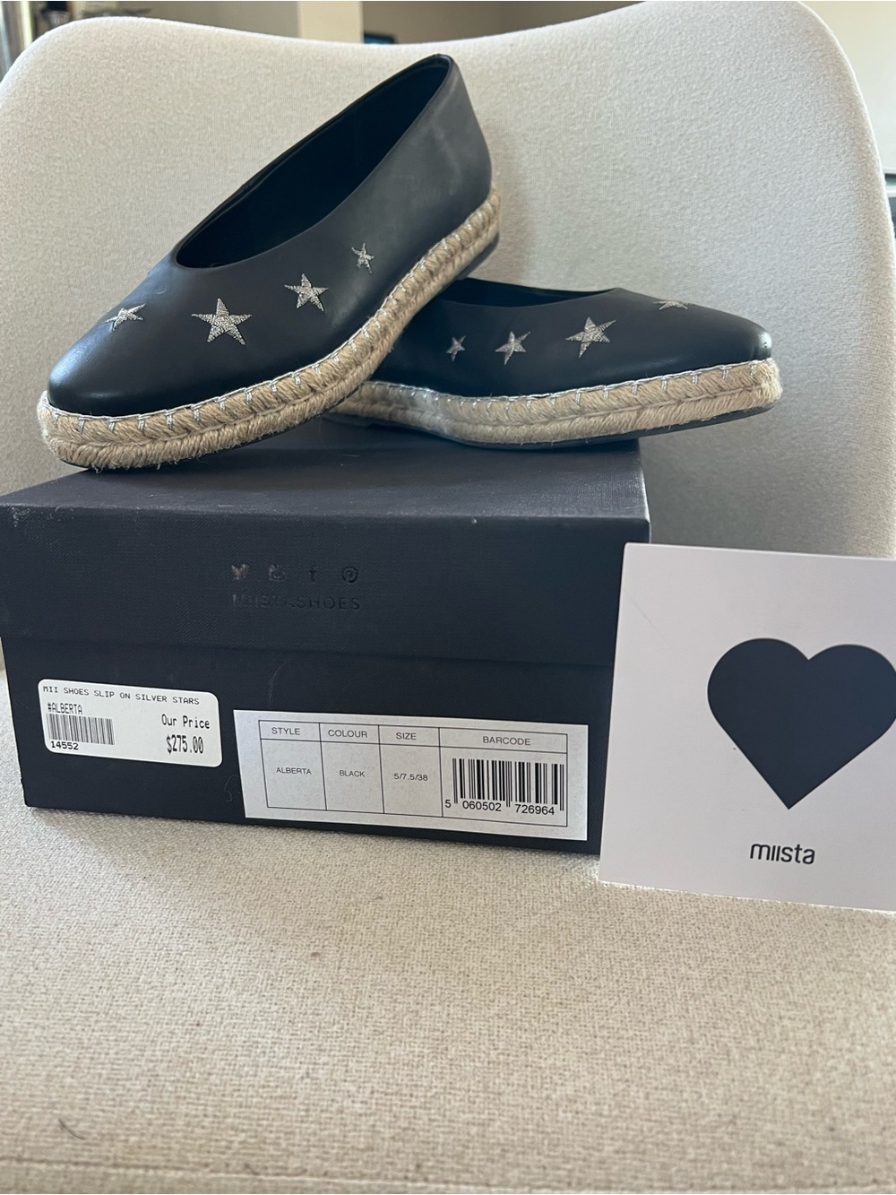 Miista Black Espadrille Flats with Silver Star Accents